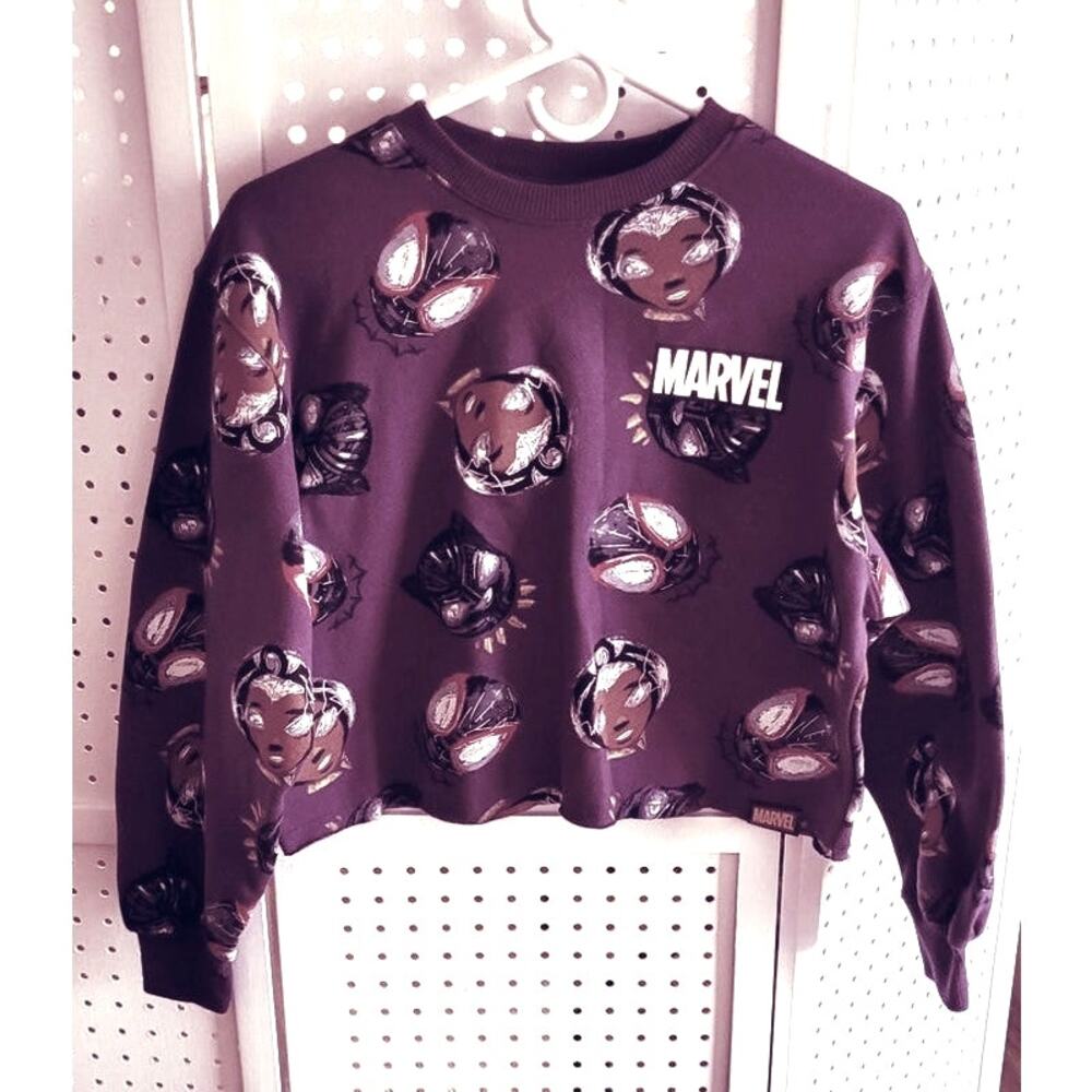 Marvel Black Superhero Panther Crop Pullover Womens Purple Sweatshirt Sweater XS